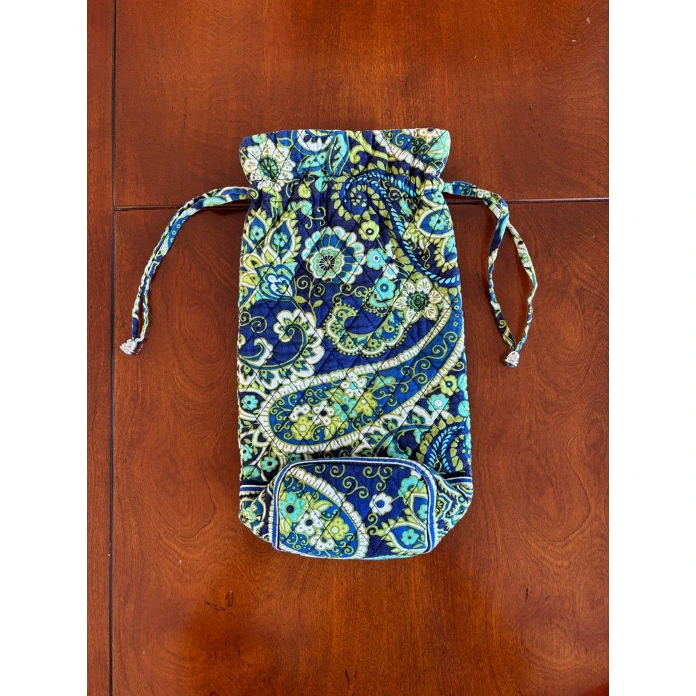 Vera Bradley Blue Green Paisley Quilted Cotton Wine Gift Bag Drawstring Reusable
